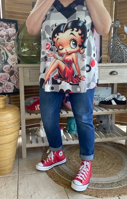 Caraco Débardeur Top trapèze satiné mat & dentelle carreaux Betty Boop in Love du 40 au 52   