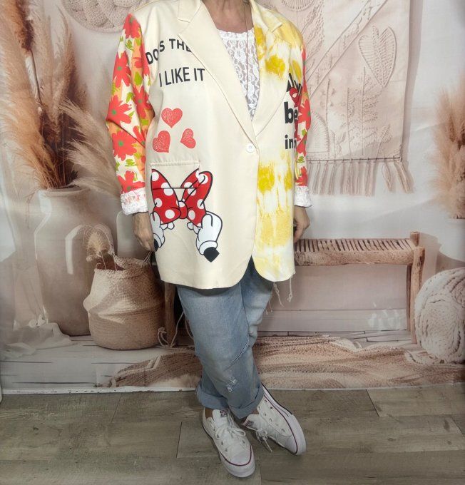 Veste blazer crème TOUTE DOUBLÉE Minnie Marguerites du 42 au 54 et même + si portée ouverte