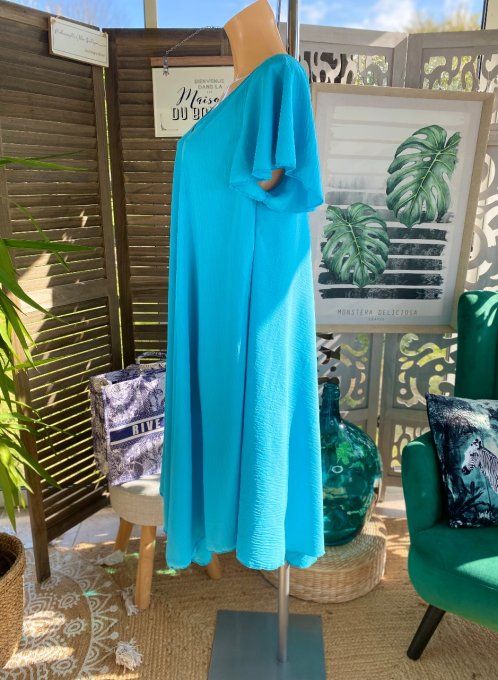 Robe trapèze mi-longue asymétrique bleu turquoise manches courtes volantées  du 40 au 50/52  