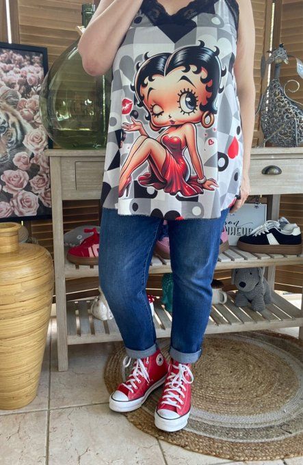 Caraco Débardeur Top trapèze satiné mat & dentelle carreaux Betty Boop in Love du 40 au 52   