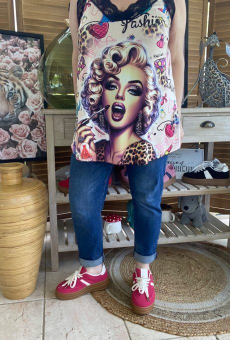 Caraco Débardeur Top trapèze satiné mat & dentelle Marylin Monroe Street Art du 40 au 52  