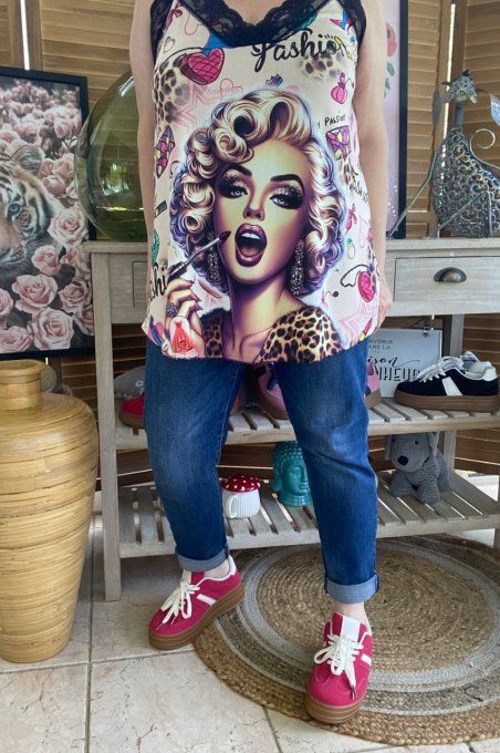 Caraco Débardeur Top trapèze satiné mat & dentelle Marylin Monroe Street Art du 40 au 52  