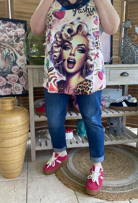 Caraco Débardeur Top trapèze satiné mat & dentelle Marylin Monroe Street Art du 40 au 52  