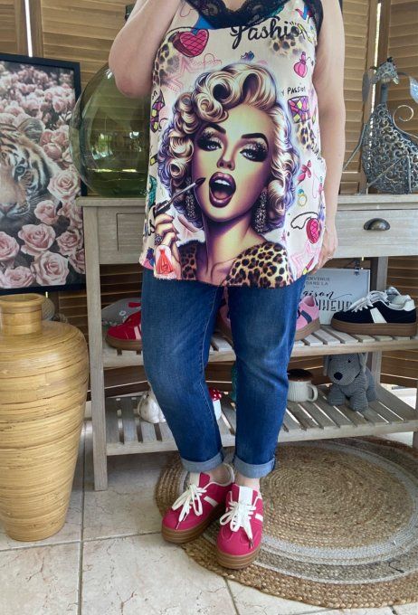 Caraco Débardeur Top trapèze satiné mat & dentelle Marylin Monroe Street Art du 40 au 52  