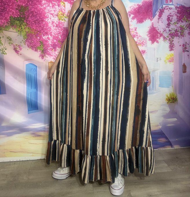 Robe ample longue volantée coton fines bretelles rayée marine chocolat du 40 au 50/52