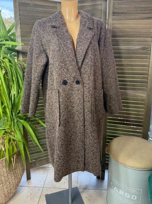Manteau droit mi-long bouclette Chocolat chiné confort +++ du 36 au 46 et même +  