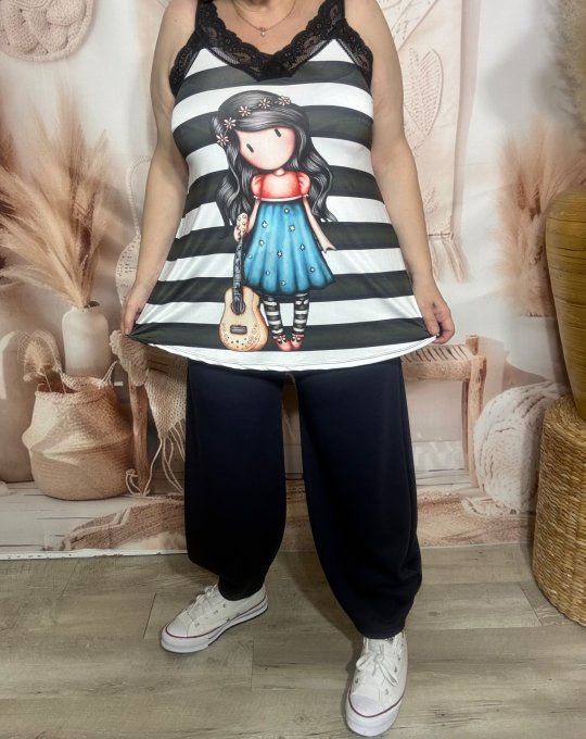Caraco trapèze Lycra rayé Gorjuss Doll Santoro bretelles dentelle noire confort ++ du 36 au 46 