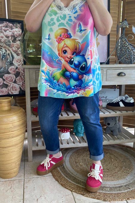Caraco Débardeur Top trapèze satiné mat & dentelle La Fée Clochette et Stitch du 40 au 52  