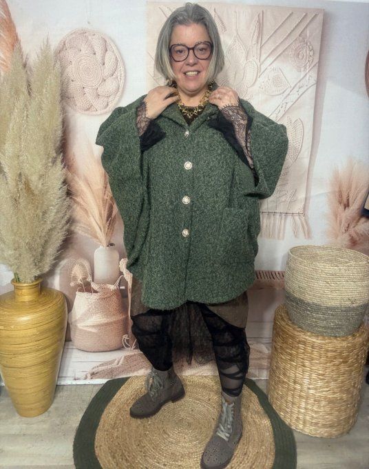Veste-cape oversize laine bouillie Kaki TOUTES TAILLES jusqu'au 60 hiver +++ 
