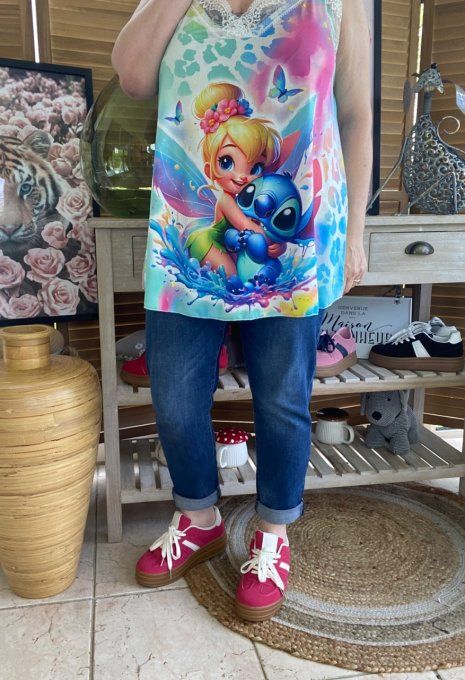 Caraco Débardeur Top trapèze satiné mat & dentelle La Fée Clochette et Stitch du 40 au 52  