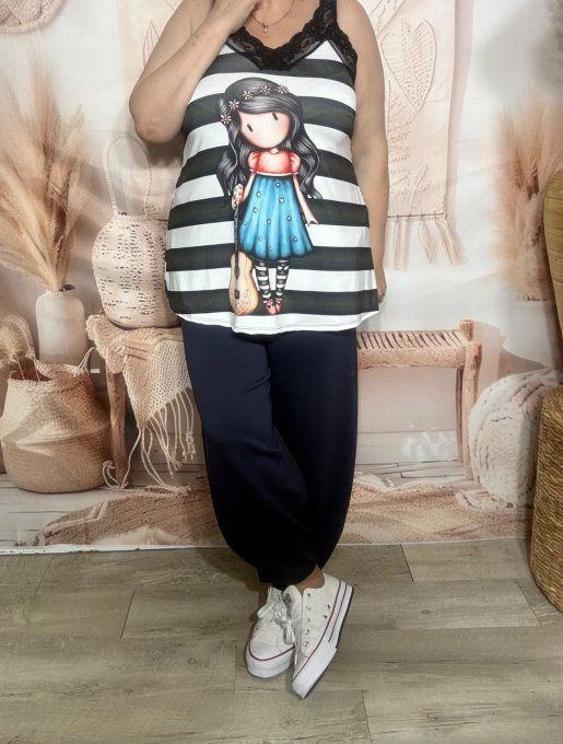 Caraco trapèze Lycra rayé Gorjuss Doll Santoro bretelles dentelle noire confort ++ du 36 au 46 