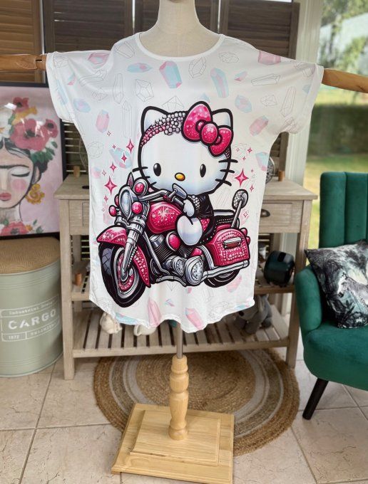 Tunique longue ou robe courte blanche Hello Kitty Harley Davidson Bikeuse du 40 au 50/52  