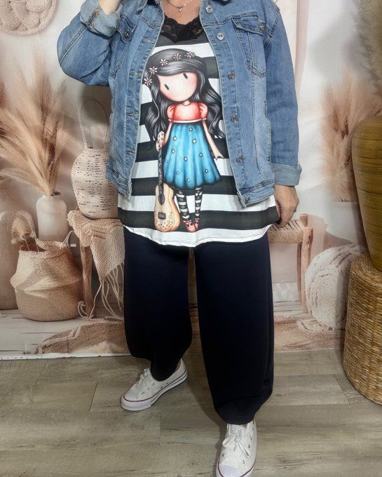 Caraco trapèze Lycra rayé Gorjuss Doll Santoro bretelles dentelle noire confort ++ du 36 au 46 