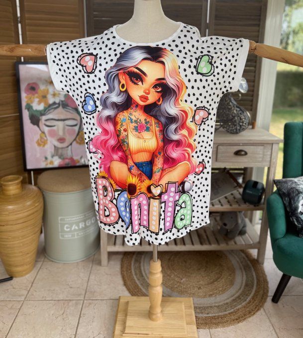 Tunique longue ou robe courte blanche pois Bonita Fashion Girl du 40 au 50/52 