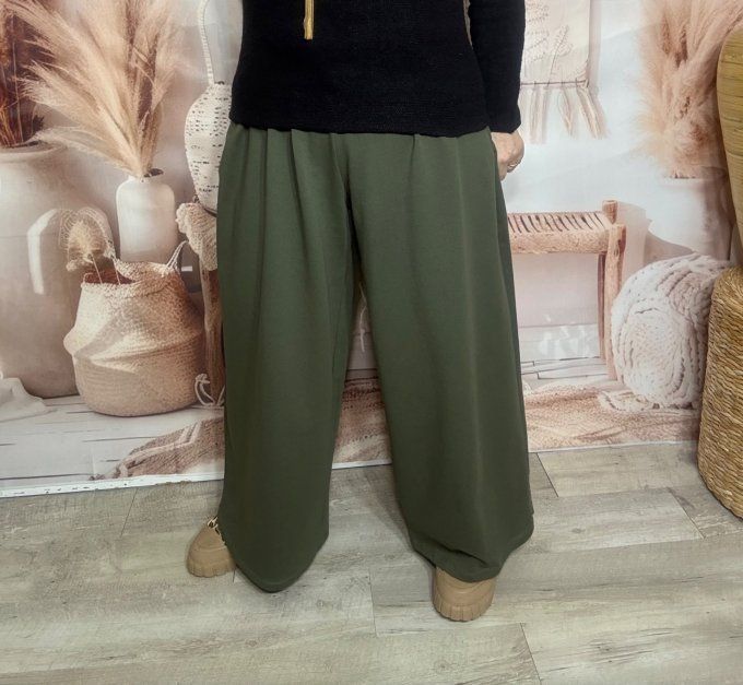 pantalon Palazzo Kaki cuisses larges taille élastiquée confort +++ du 40 au 54/56