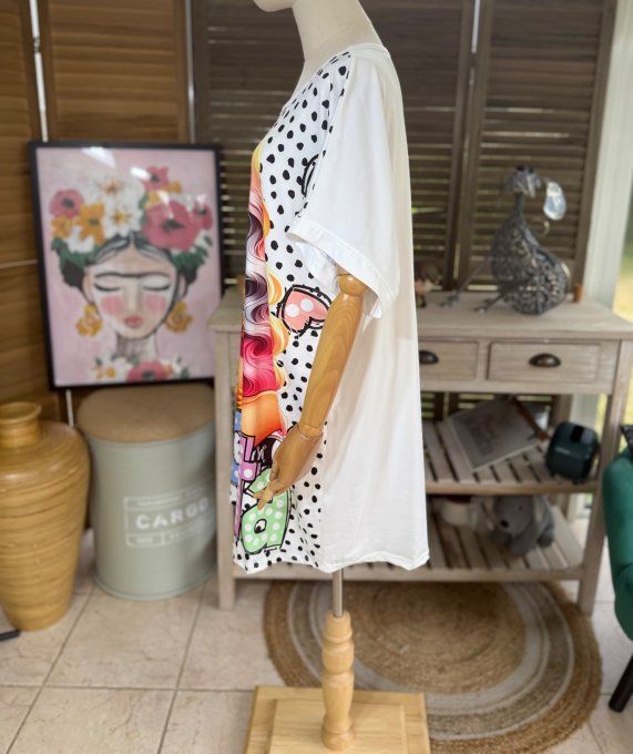Tunique longue ou robe courte blanche pois Bonita Fashion Girl du 40 au 50/52 