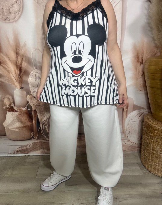 Caraco trapèze Lycra rayé Mickey Mouse bretelles dentelle noire confort ++ du 36 au 46