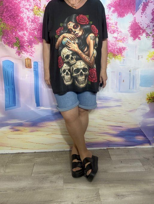 Tee-shirt fin trapèze oversize lycra noir Catrina Mexican Skulls Girl du 40 au 54