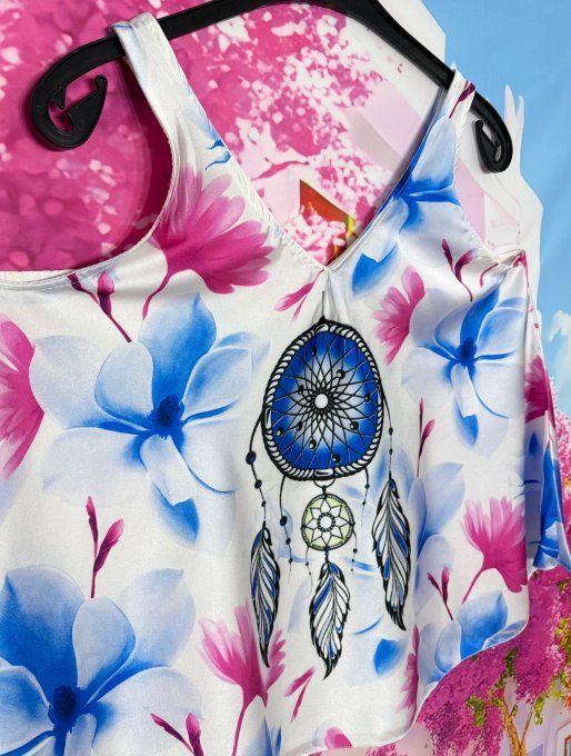 Débardeur trapèze satiné blanc et fleurs fuschia bleues L'attrape-rêves  du 36 au 46 