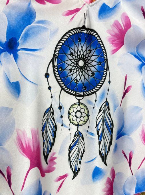 Débardeur trapèze satiné blanc et fleurs fuschia bleues L'attrape-rêves  du 36 au 46 