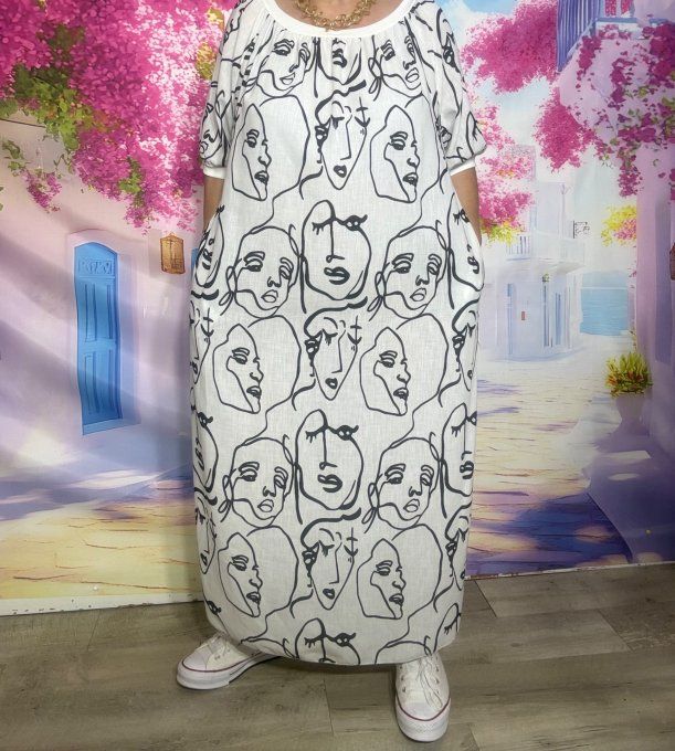 Robe droite longue blanche aspect Lin Paintings Visages Femmes N°2 du 36 au 46