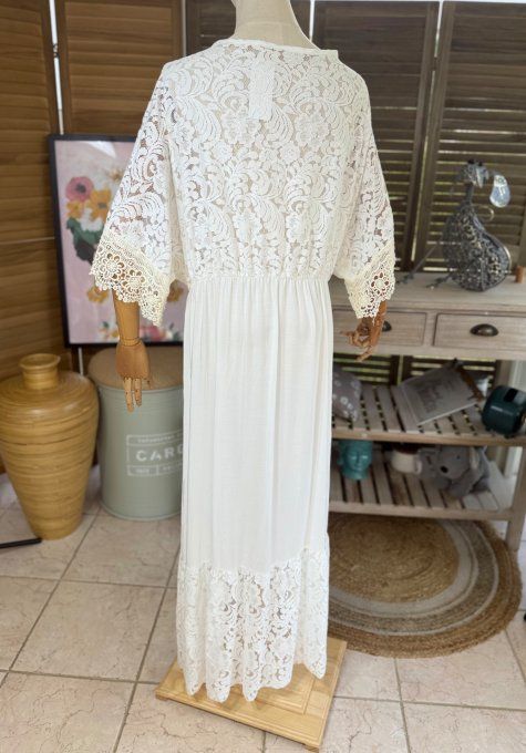Robe longue blanche broderie crochet beige Bohème Chic du 38 au 48/50 
