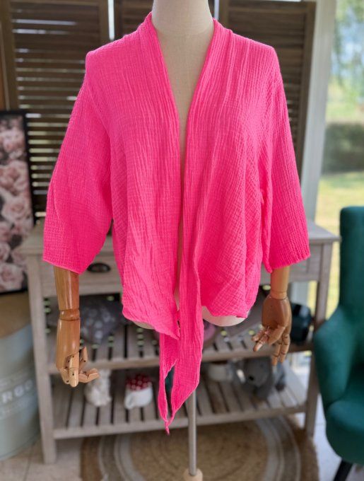 Gilet boléro gaze de coton rose fluo douceur +++ du 38 au 50/52 et même +