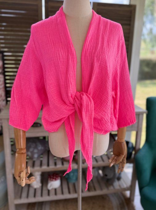 Gilet boléro gaze de coton rose fluo douceur +++ du 38 au 50/52 et même +
