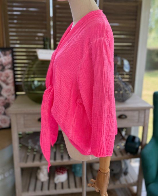 Gilet boléro gaze de coton rose fluo douceur +++ du 38 au 50/52 et même +