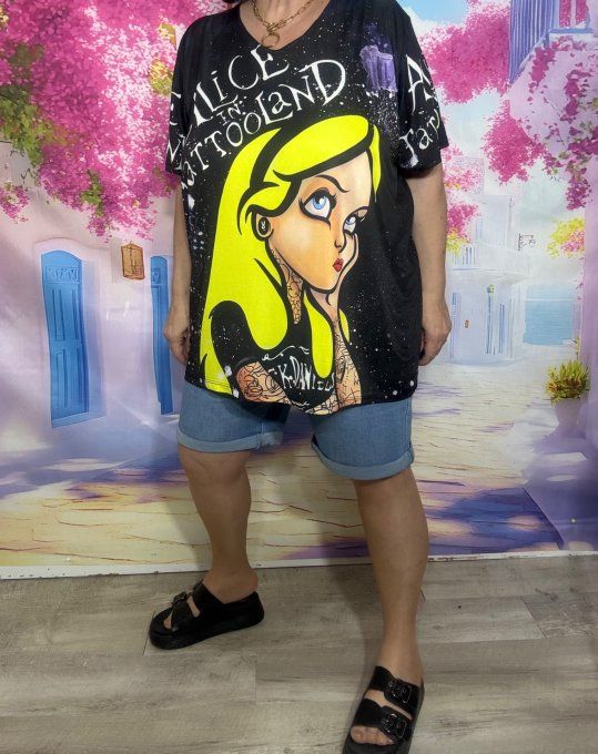 Tee-shirt fin trapèze oversize lycra noir Alice au Pays des Merveilles Tattooland du 40 au 54
