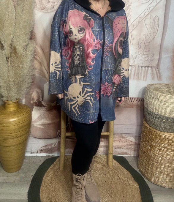 Gilet-veste suédine bleutée capuche velours noir Little Gothic girls du 38 au 48/50 et même +