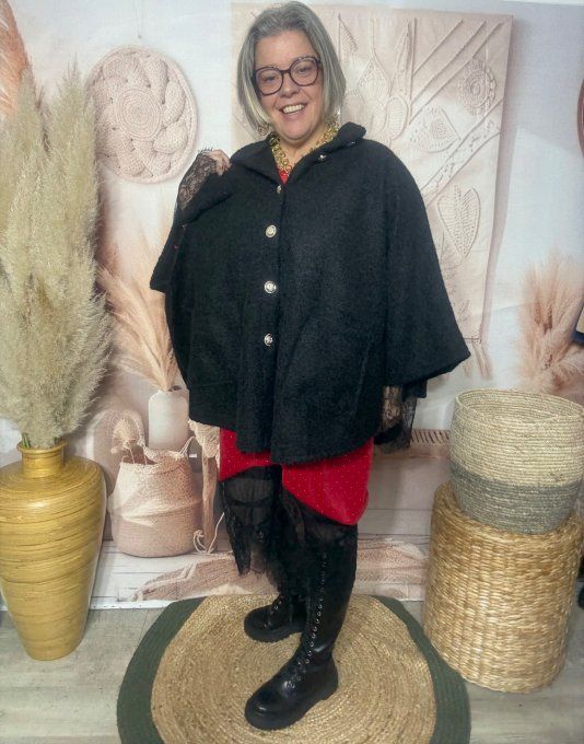 Veste-cape oversize laine bouillie noire TOUTES TAILLES jusqu'au 60 hiver +++