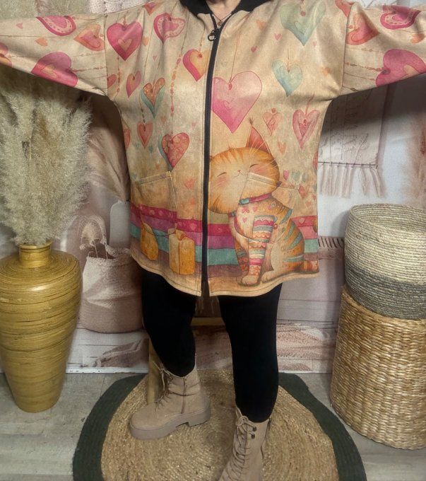 Gilet-veste suédine beige capuche velours noir Mon petit Chat du 38 au 48/50 et même +
