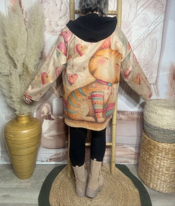 Gilet-veste suédine beige capuche velours noir Mon petit Chat du 38 au 48/50 et même +