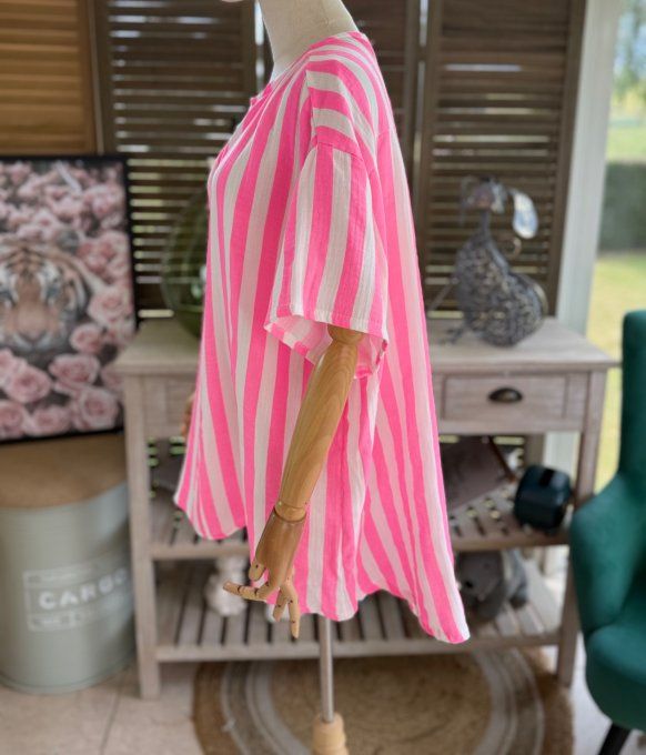 Blouse ample gaze de coton rayée rose fluo douceur +++ du 40 au 50/52