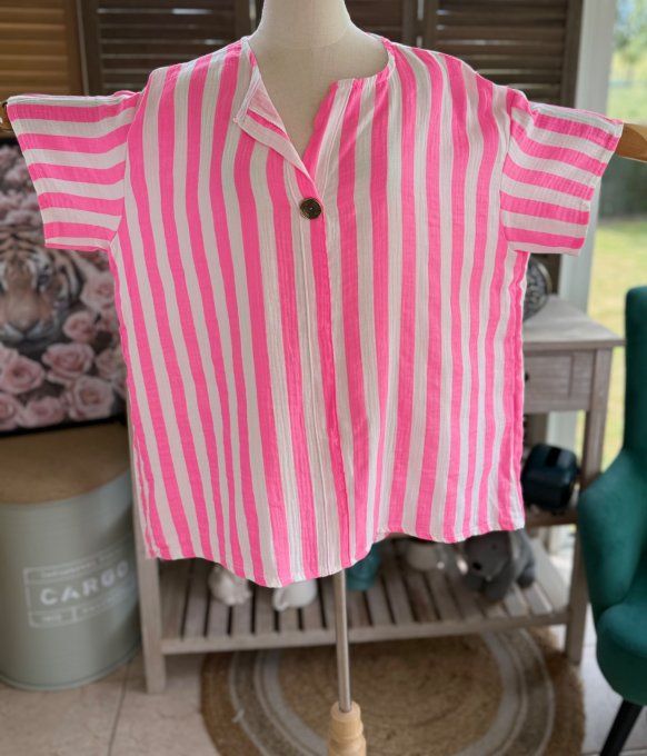 Blouse ample gaze de coton rayée rose fluo douceur +++ du 40 au 50/52