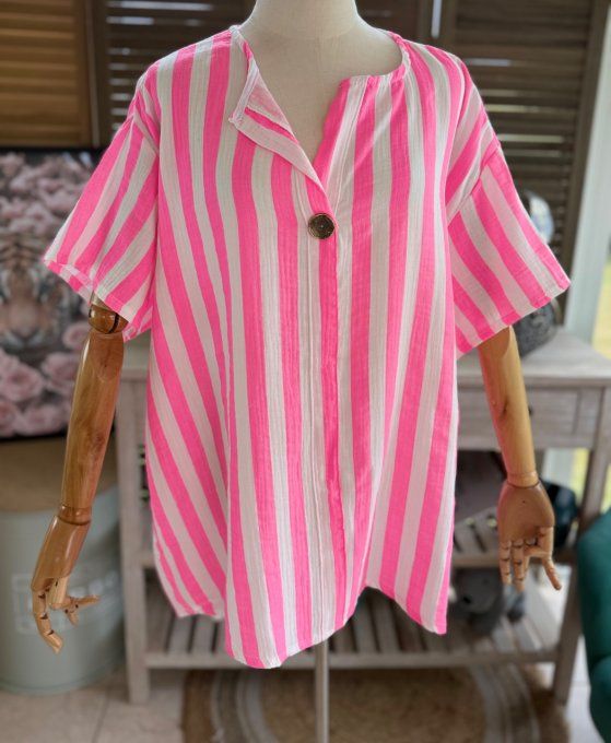 Blouse ample gaze de coton rayée rose fluo douceur +++ du 40 au 50/52