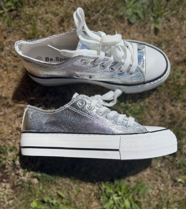 Baskets basses simili-cuir métal argenté confort ++++    