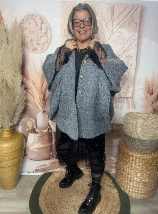 Veste-cape oversize laine bouillie gris perle TOUTES TAILLES jusqu'au 60 hiver +++  