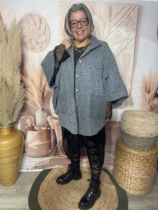 Veste-cape oversize laine bouillie gris perle TOUTES TAILLES jusqu'au 60 hiver +++  