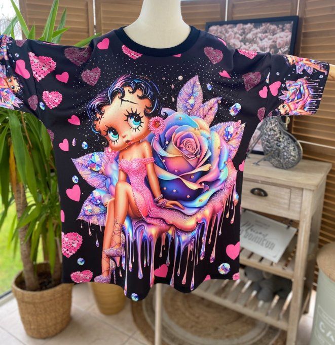 Top trapèze noir Lilas Betty Boop Strass et perles en relief du 40 au 50 