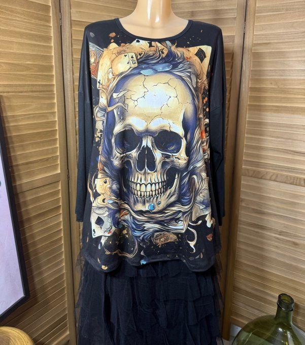 Top ample noir manches longues Poker Skulls Face du 40 au 52