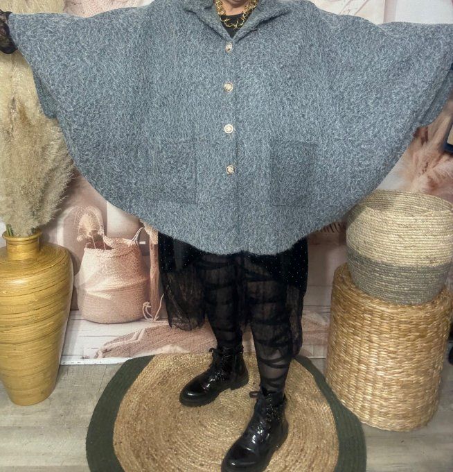 Veste-cape oversize laine bouillie gris perle TOUTES TAILLES jusqu'au 60 hiver +++  
