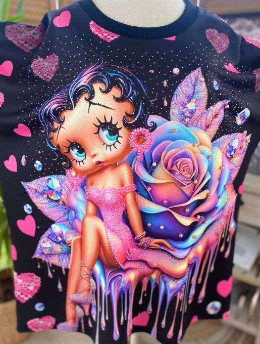 Top trapèze noir Lilas Betty Boop Strass et perles en relief du 40 au 50 
