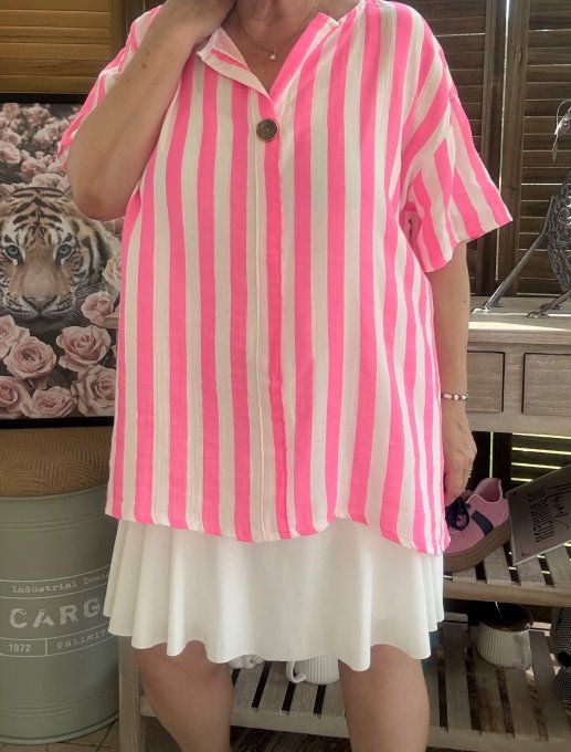 Blouse ample gaze de coton rayée rose fluo douceur +++ du 40 au 50/52