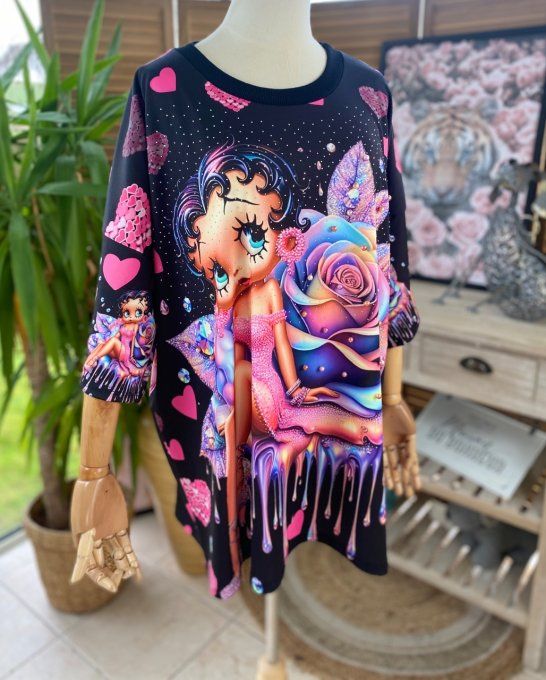Top trapèze noir Lilas Betty Boop Strass et perles en relief du 40 au 50 