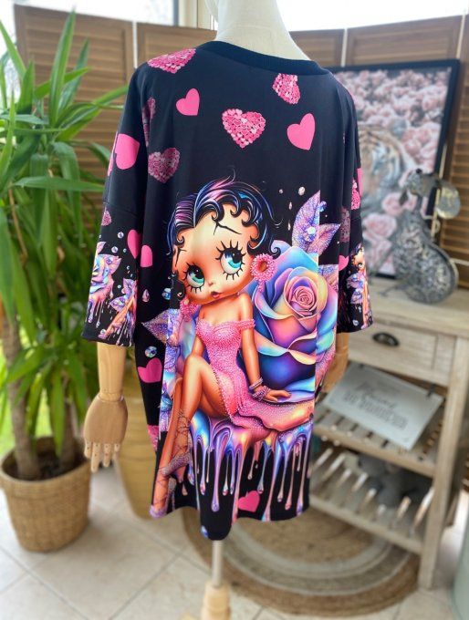 Top trapèze noir Lilas Betty Boop Strass et perles en relief du 40 au 50 