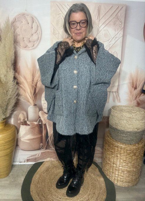 Veste-cape oversize laine bouillie gris perle TOUTES TAILLES jusqu'au 60 hiver +++  