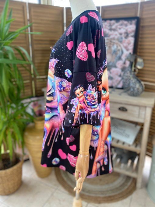 Top trapèze noir Lilas Betty Boop Strass et perles en relief du 40 au 50 
