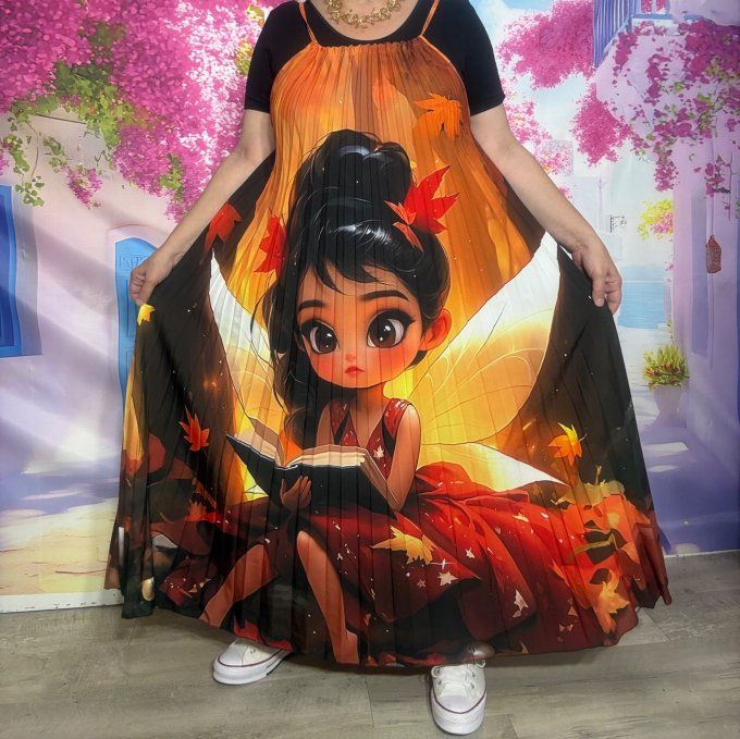 Robe longue plissée bretelles ajustables orangée La Fillette Papillon du 38 au 48/50